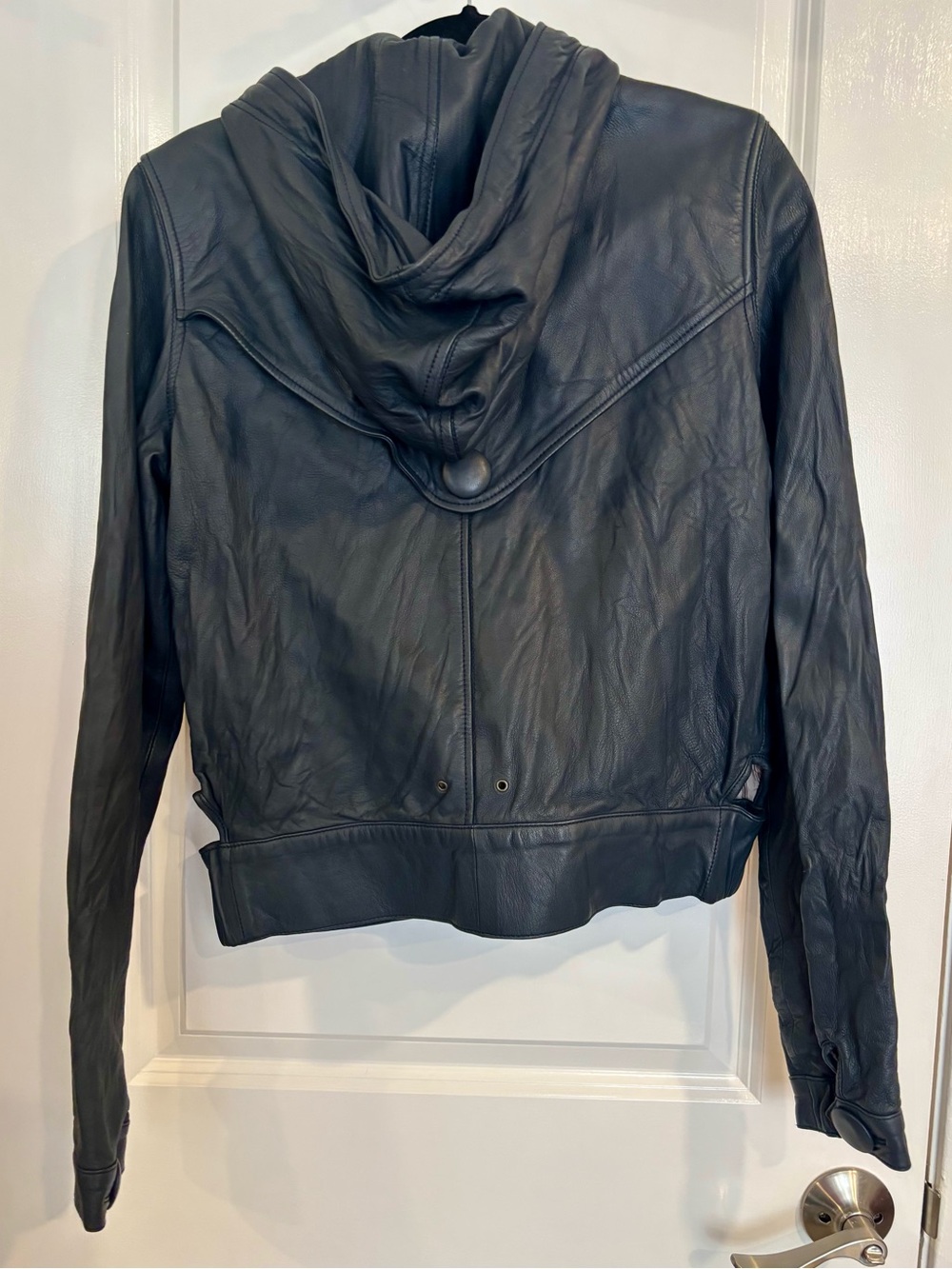 Mike & Chris Ash Blue Leather Hooded Bomber Jacket, Sz L/8 - Picture 2 of 8